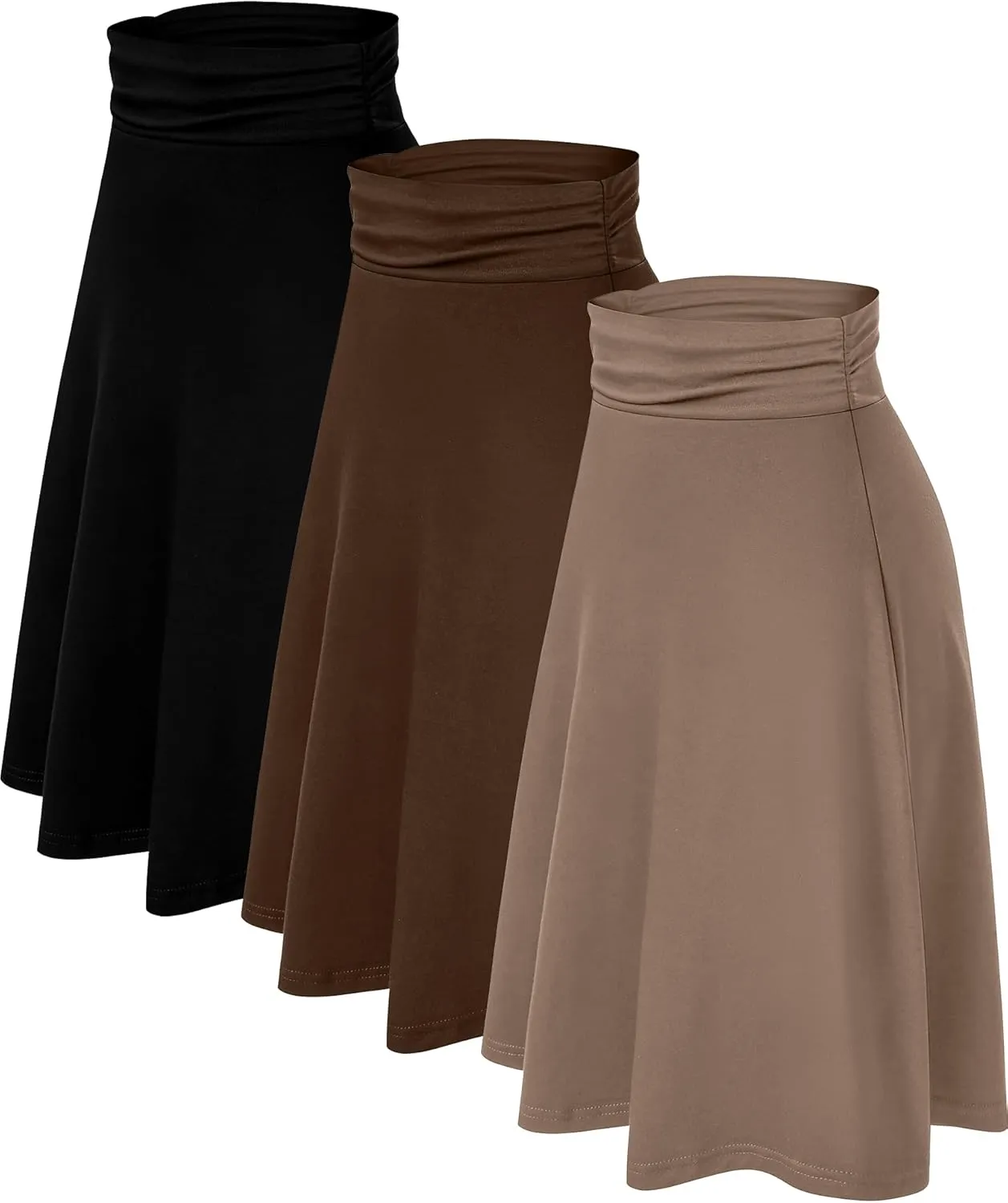 3 Pack Womens Midi Skirts Flowy Lightweight Knee Length Casual Elastic Waist Modest Flared Skirts Trendy Summer