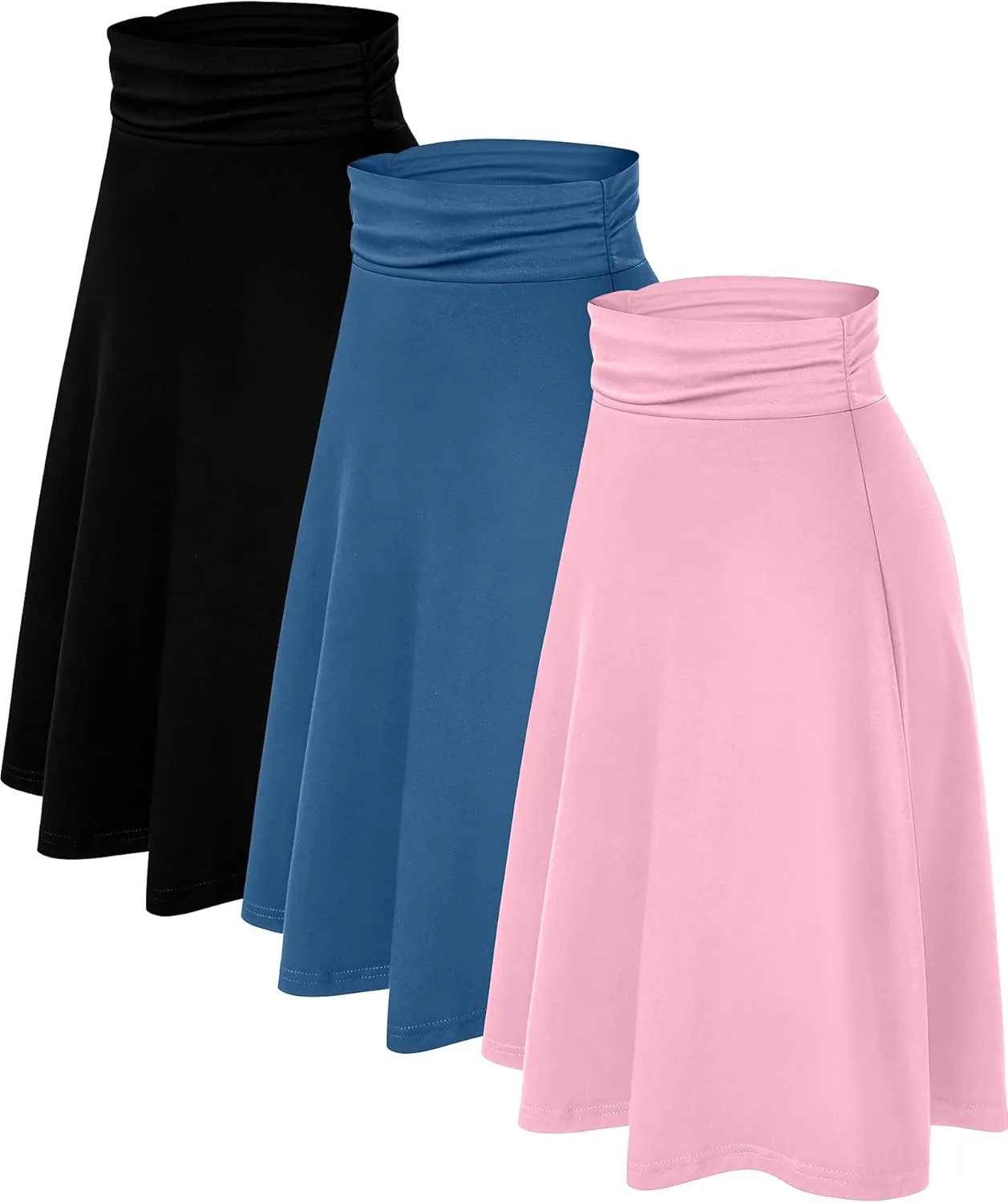 3 Pack Womens Midi Skirts Flowy Lightweight Knee Length Casual Elastic Waist Modest Flared Skirts Trendy Summer