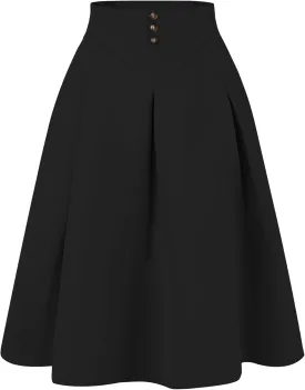 Allegra K Casual Office A-Line Skirt for Women's Button Decor High Waist Midi Flared Pleated Skirts