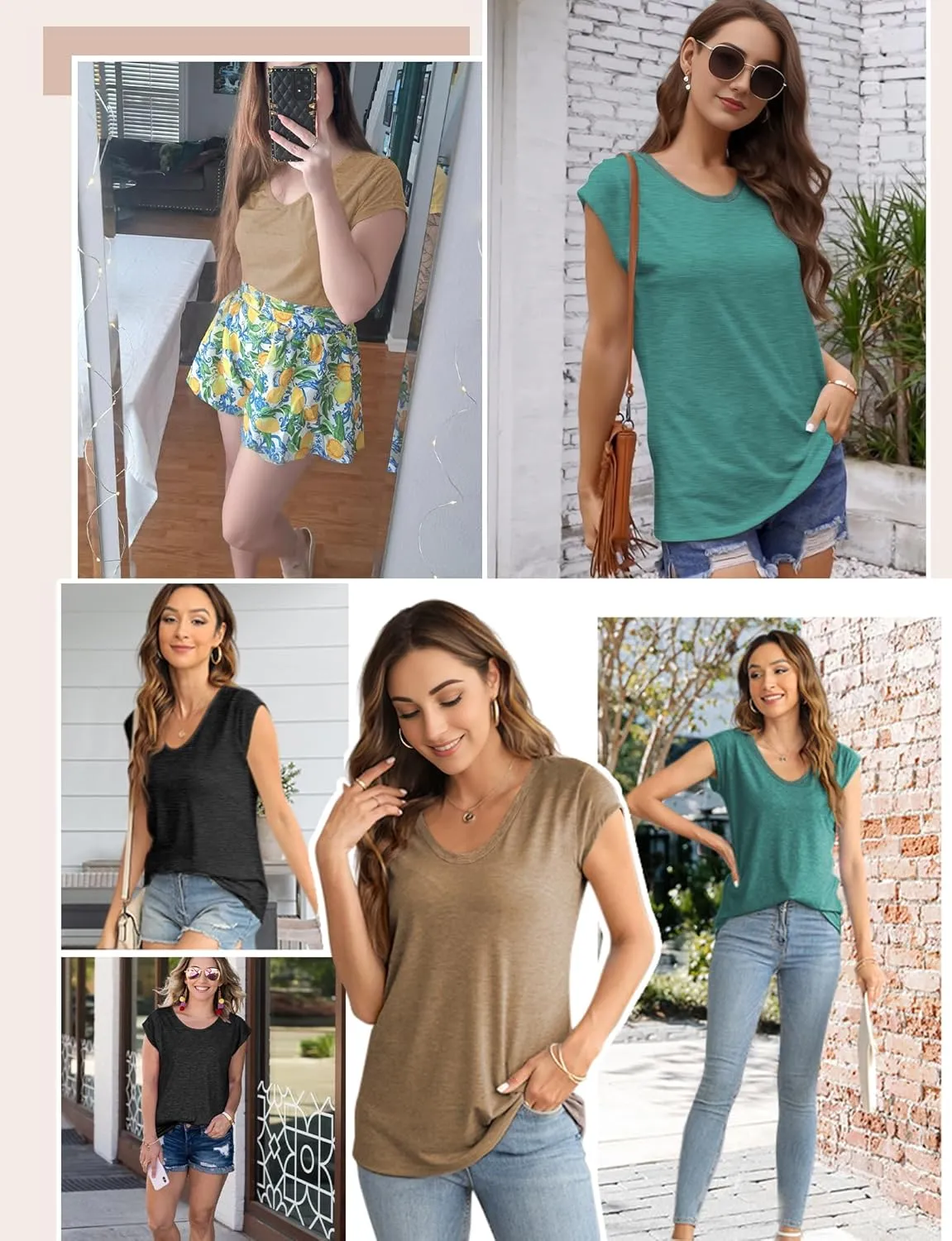 AURUZA Womens Cap Sleeve Tops Summer T Shirt Loose Fit Casual Basic Tee V Neck Tank Top Boho Tops Trendy Fashion Clothes