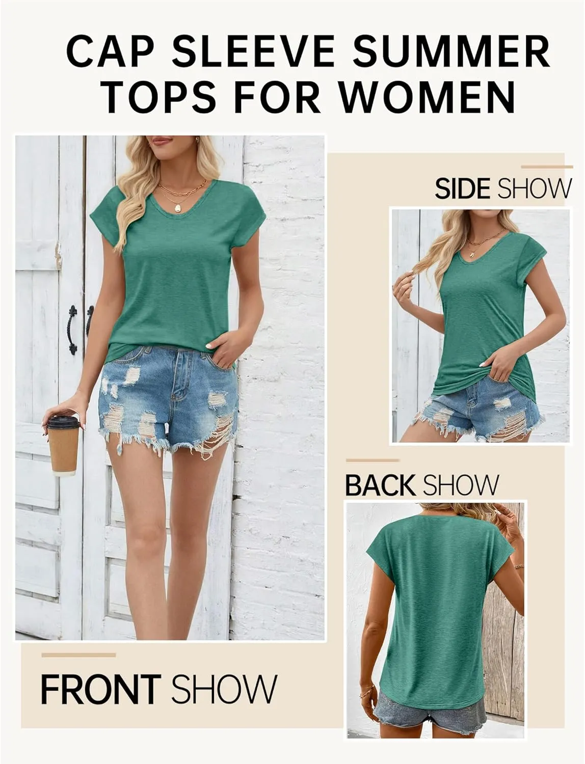 AURUZA Womens Cap Sleeve Tops Summer T Shirt Loose Fit Casual Basic Tee V Neck Tank Top Boho Tops Trendy Fashion Clothes