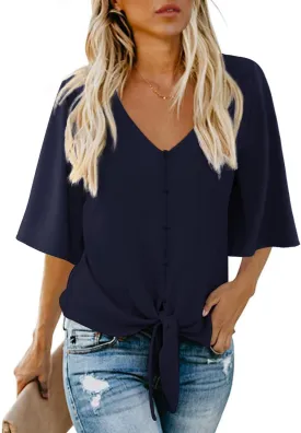 AWULIFFAN Women's Casual V Neck Batwing Sleeve Tops Tie Front Chiffon Blouses Button Down Shirts