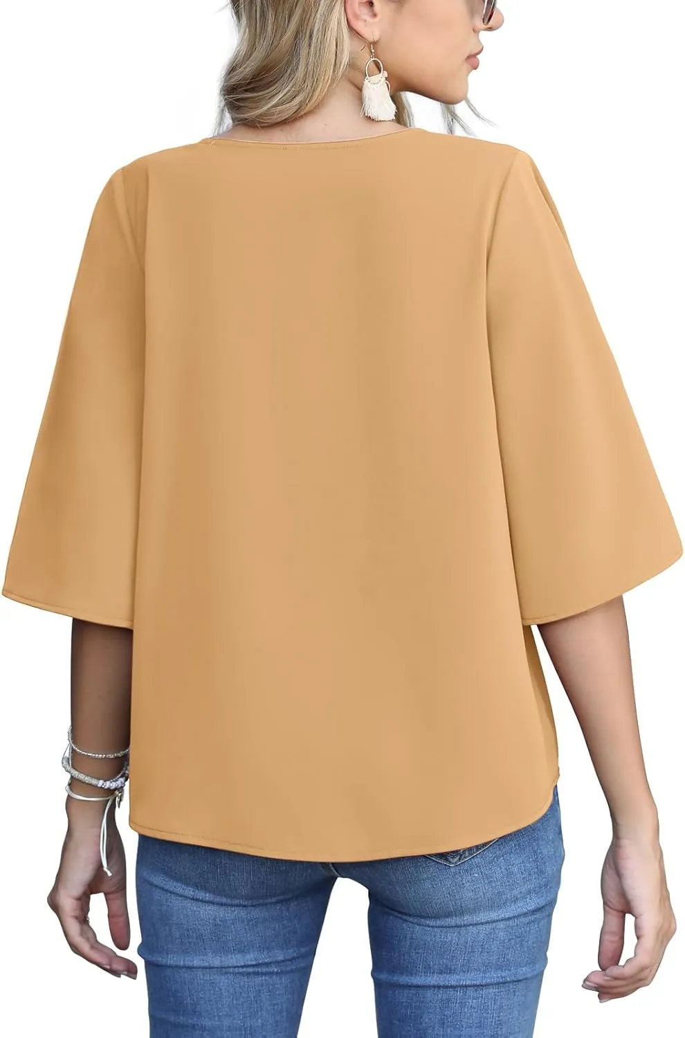 AWULIFFAN Women's Casual V Neck Batwing Sleeve Tops Tie Front Chiffon Blouses Button Down Shirts