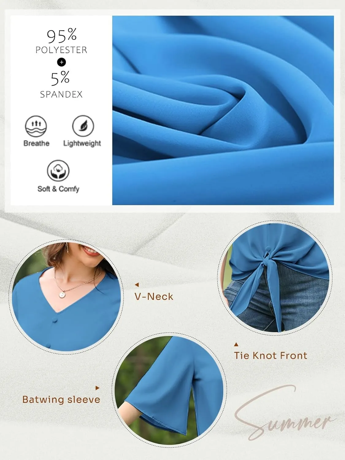 AWULIFFAN Women's Casual V Neck Batwing Sleeve Tops Tie Front Chiffon Blouses Button Down Shirts