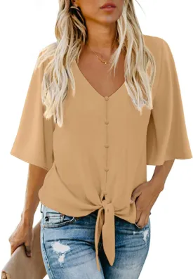 AWULIFFAN Women's Casual V Neck Batwing Sleeve Tops Tie Front Chiffon Blouses Button Down Shirts