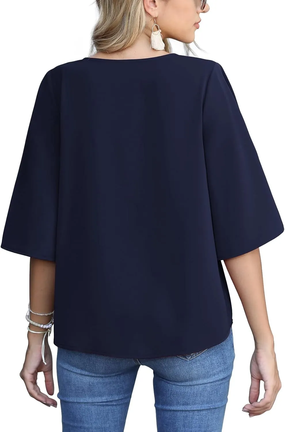 AWULIFFAN Women's Casual V Neck Batwing Sleeve Tops Tie Front Chiffon Blouses Button Down Shirts