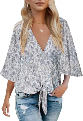 Bluetime Womens Summer Tops Boho 3/4 Sleeve V Neck Tie Front Shirts Casual Floral Blouses