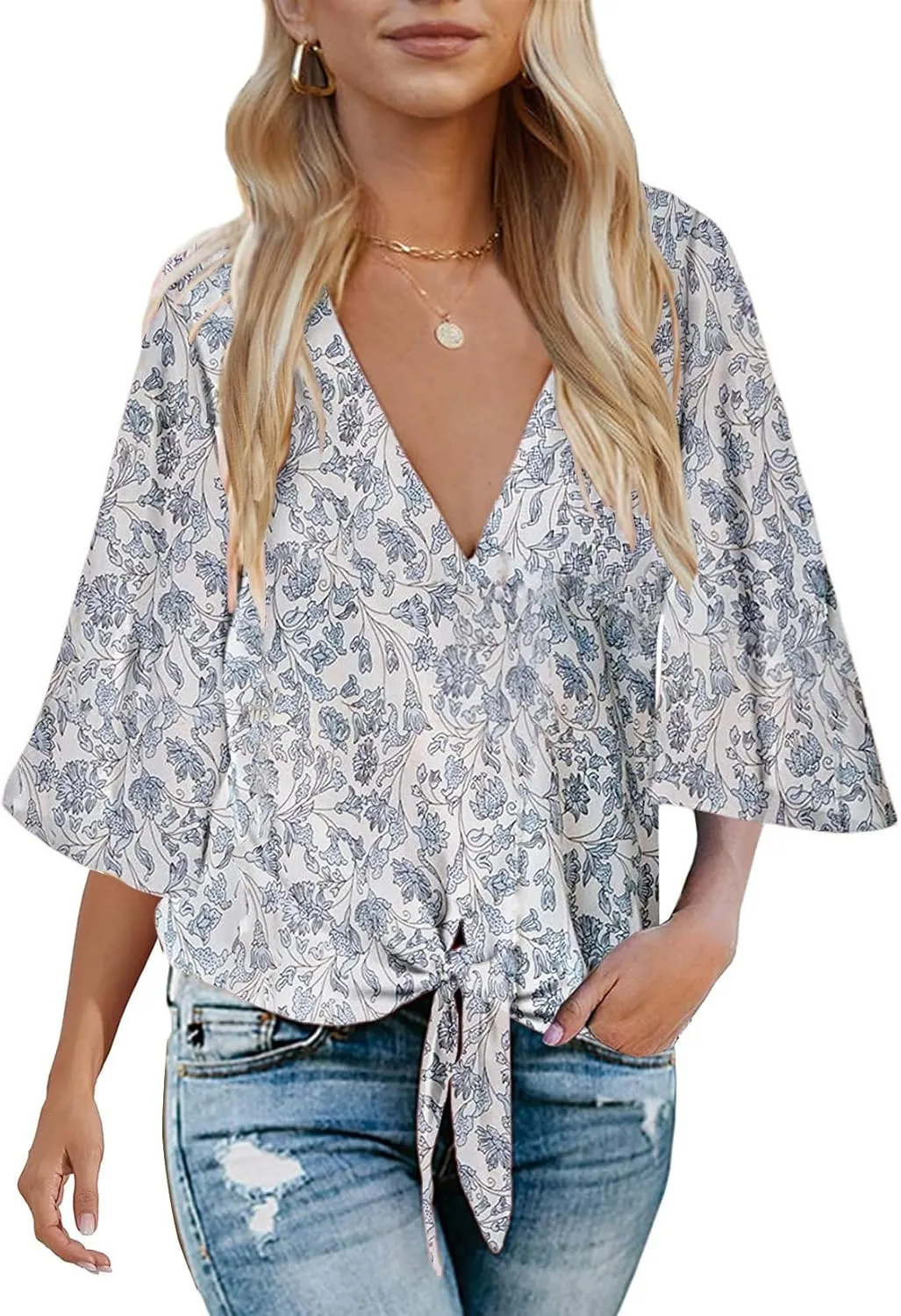 Bluetime Womens Summer Tops Boho 3/4 Sleeve V Neck Tie Front Shirts Casual Floral Blouses