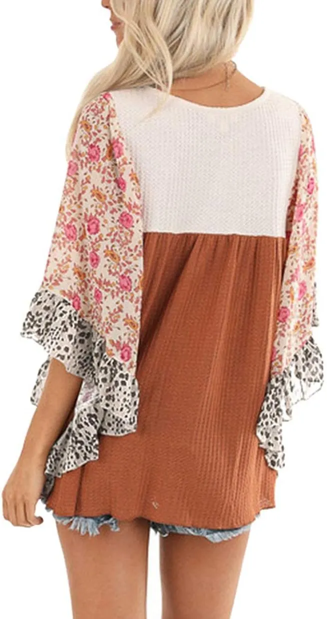 CASURESS Womens Floral Printed 3 4 Sleeve Shirt Batwing Loose Tops Blouses Pullover