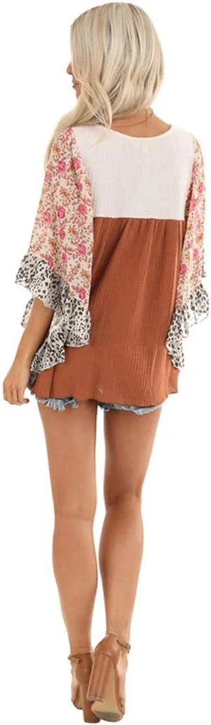 CASURESS Womens Floral Printed 3 4 Sleeve Shirt Batwing Loose Tops Blouses Pullover