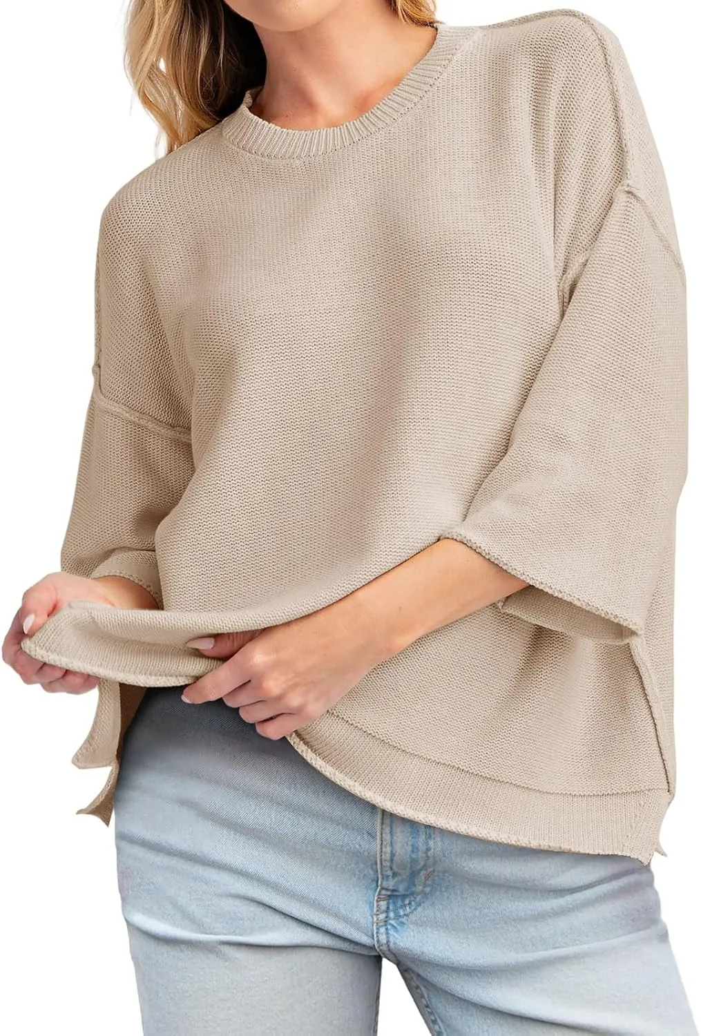 Cicy Bell Womens Oversized Sweaters 3/4 Sleeve Summer Casual Knitted Tops Crewneck Lightweight Loose Pullover Blouses