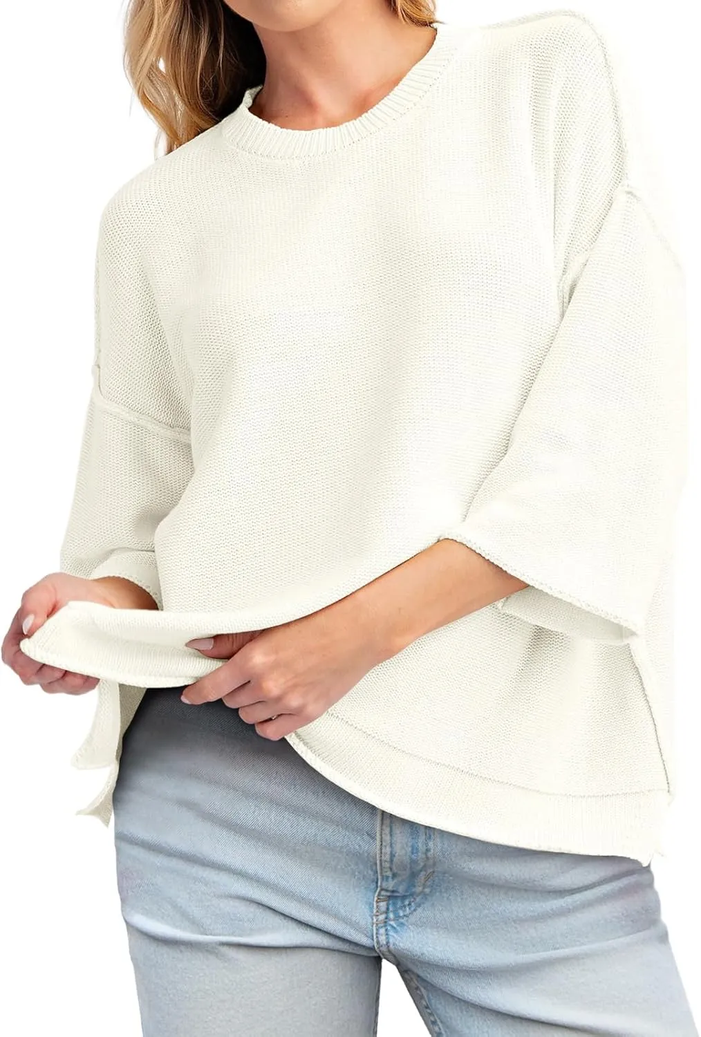 Cicy Bell Womens Oversized Sweaters 3/4 Sleeve Summer Casual Knitted Tops Crewneck Lightweight Loose Pullover Blouses