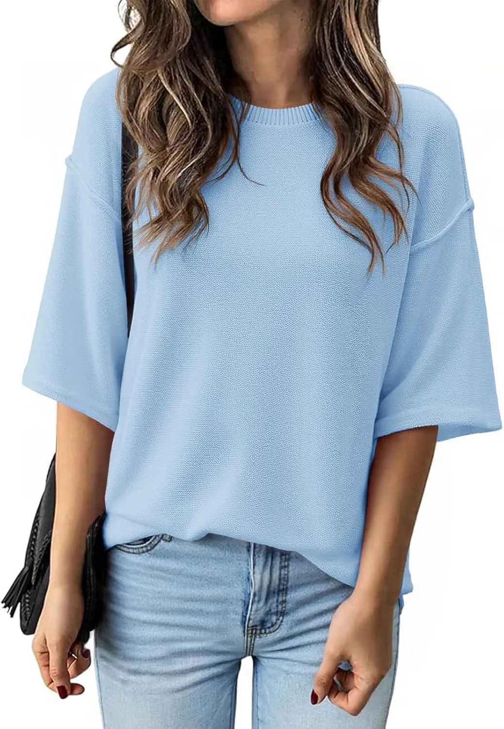 Cicy Bell Womens Oversized Sweaters 3/4 Sleeve Summer Casual Knitted Tops Crewneck Lightweight Loose Pullover Blouses