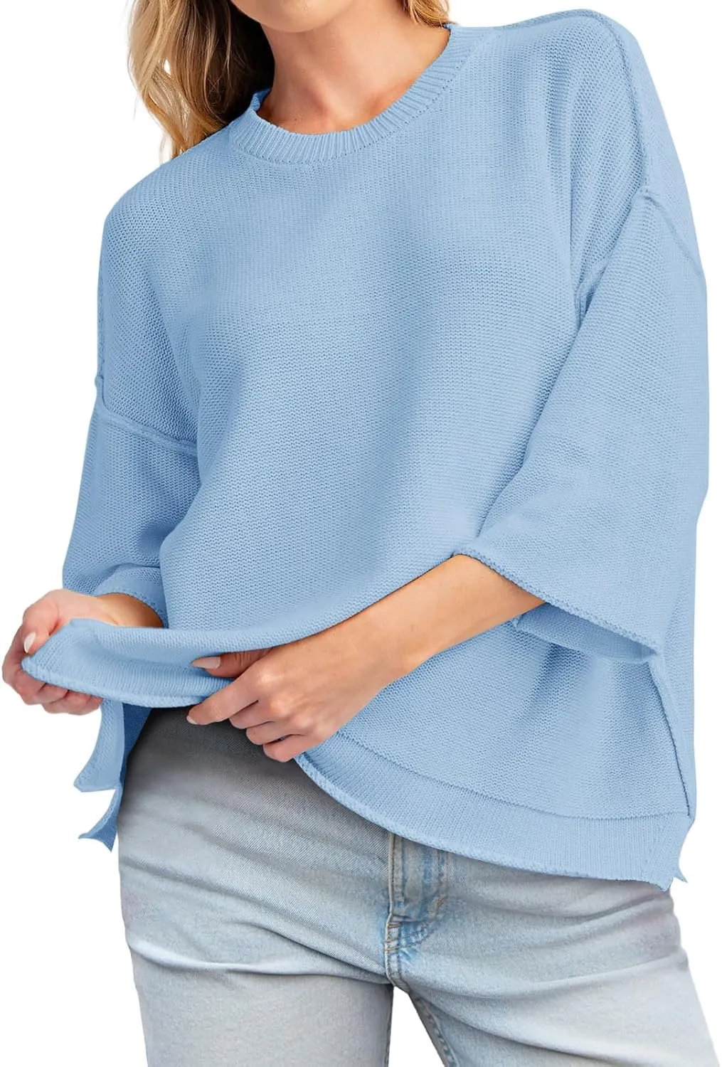 Cicy Bell Womens Oversized Sweaters 3/4 Sleeve Summer Casual Knitted Tops Crewneck Lightweight Loose Pullover Blouses