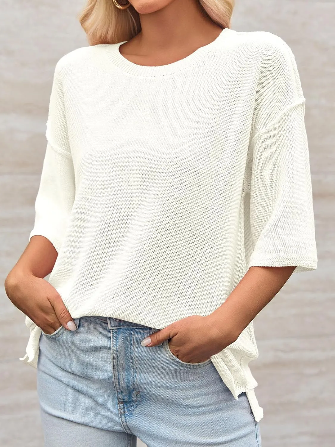 Cicy Bell Womens Oversized Sweaters 3/4 Sleeve Summer Casual Knitted Tops Crewneck Lightweight Loose Pullover Blouses