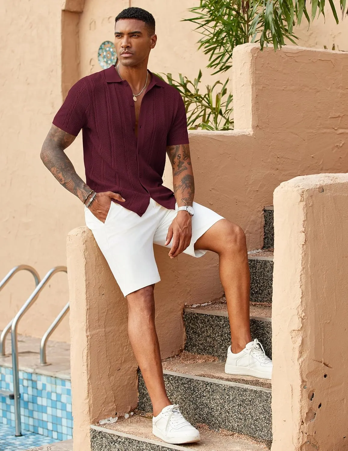 COOFANDY Mens Knit Button Down Shirts Casual Textured Polo Shirt Short Sleeve Vintage Summer Beach Tops