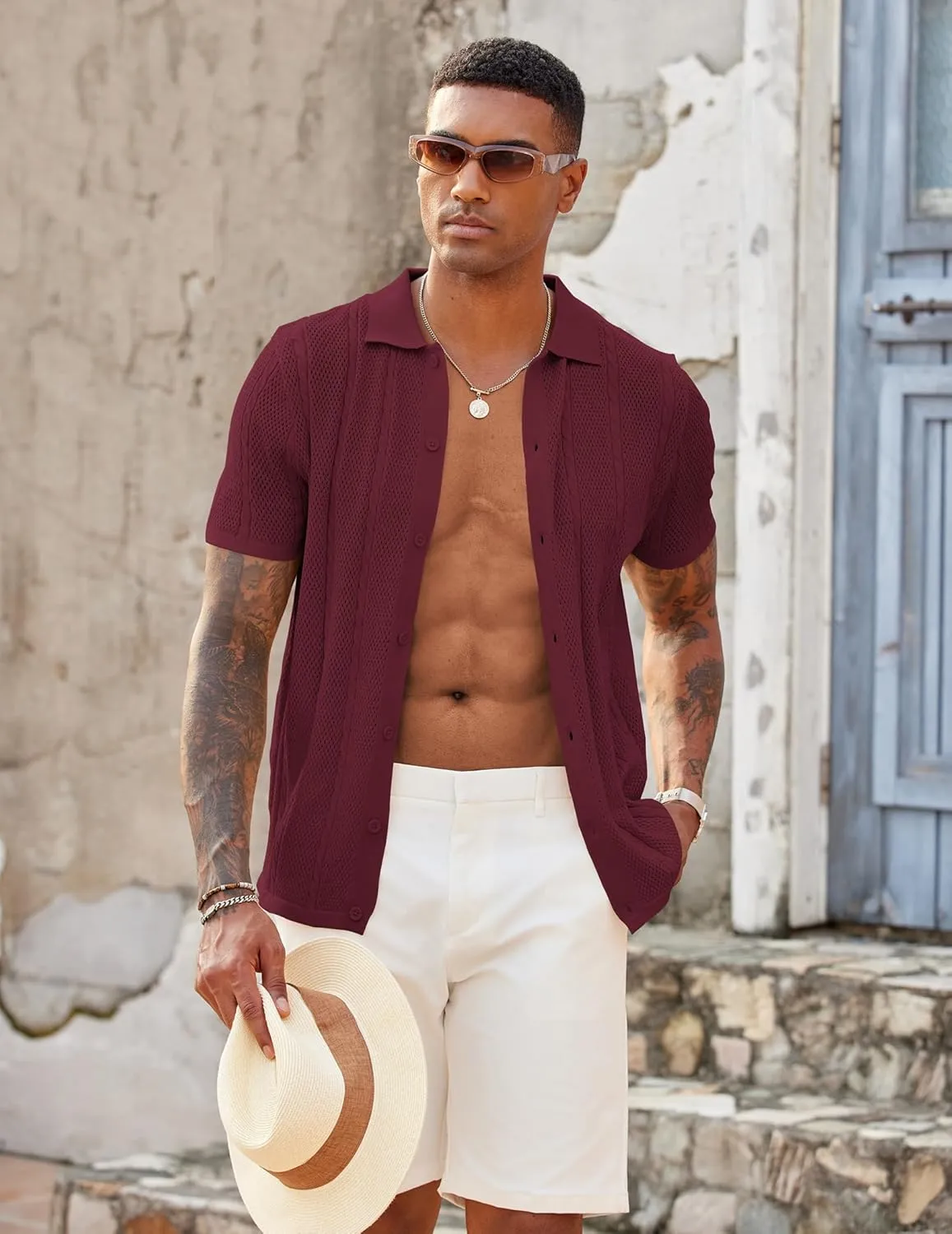 COOFANDY Mens Knit Button Down Shirts Casual Textured Polo Shirt Short Sleeve Vintage Summer Beach Tops
