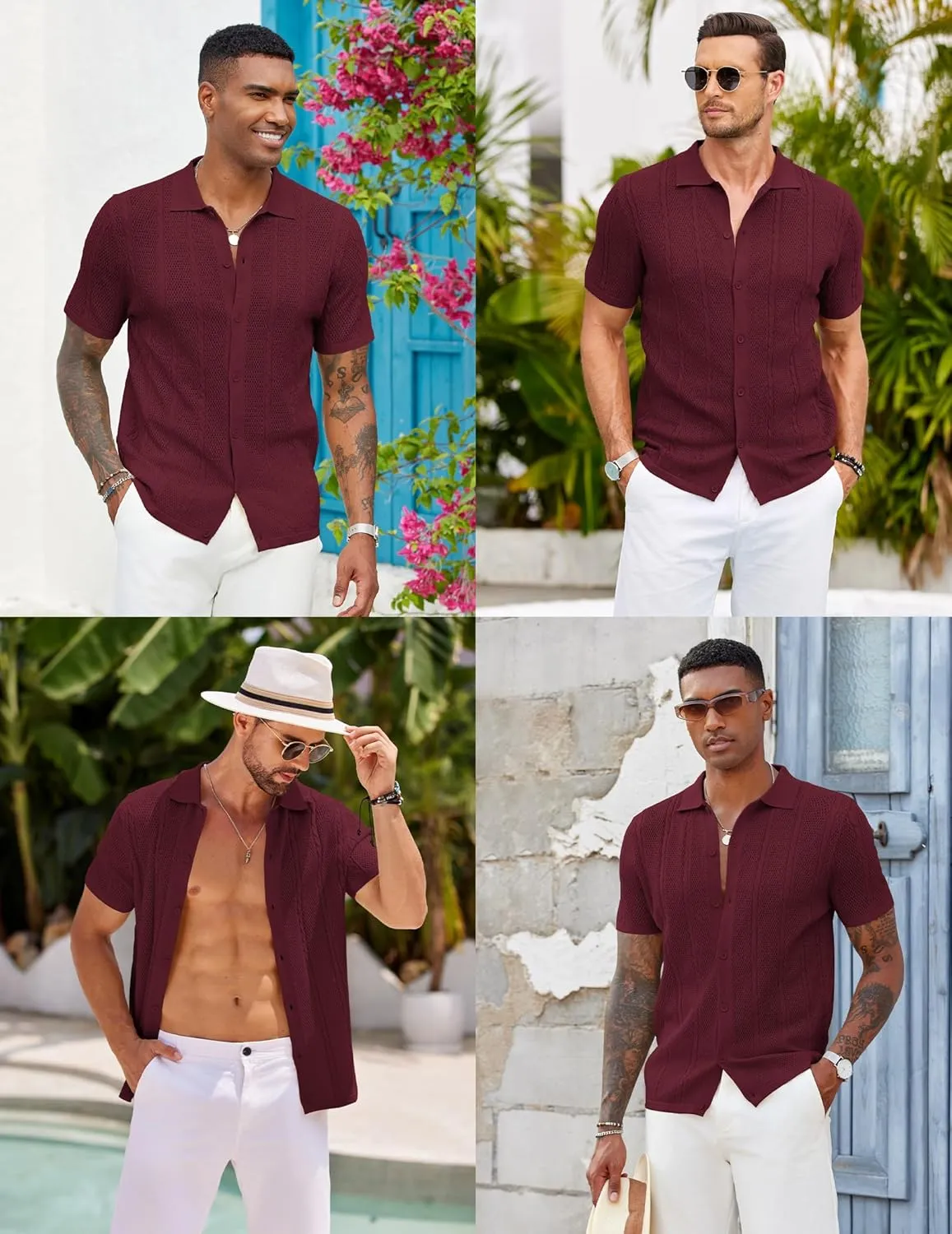 COOFANDY Mens Knit Button Down Shirts Casual Textured Polo Shirt Short Sleeve Vintage Summer Beach Tops