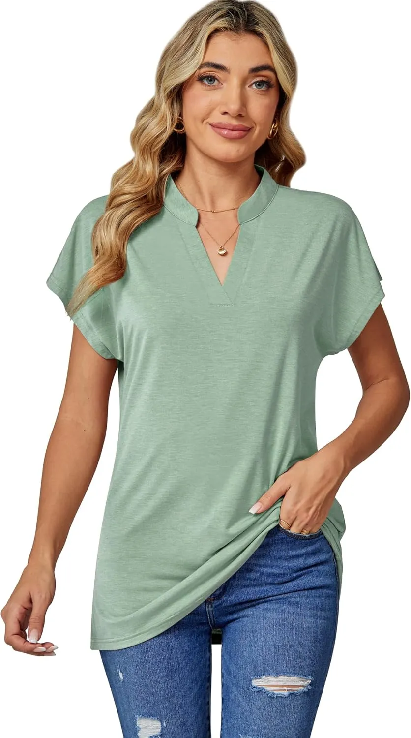DJT Womens Tops Short Sleeve Shirts Summer Tops Trendy V Neck Loose T-Shirts Dressy Casual Work Blouses