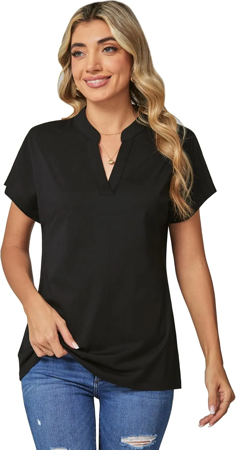 DJT Womens Tops Short Sleeve Shirts Summer Tops Trendy V Neck Loose T-Shirts Dressy Casual Work Blouses