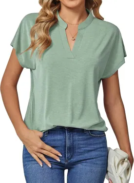 DJT Womens Tops Short Sleeve Shirts Summer Tops Trendy V Neck Loose T-Shirts Dressy Casual Work Blouses