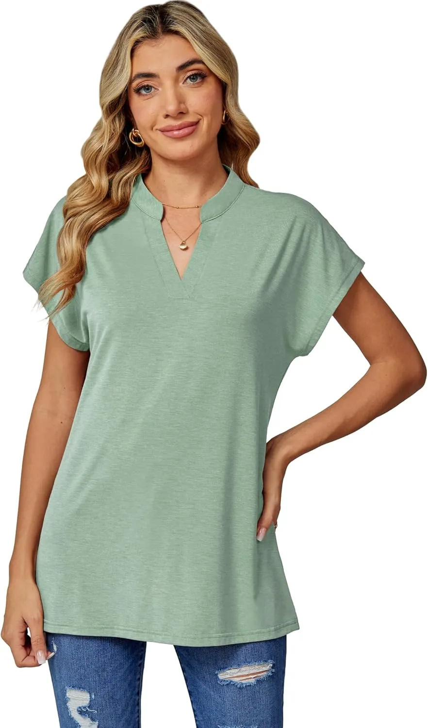 DJT Womens Tops Short Sleeve Shirts Summer Tops Trendy V Neck Loose T-Shirts Dressy Casual Work Blouses