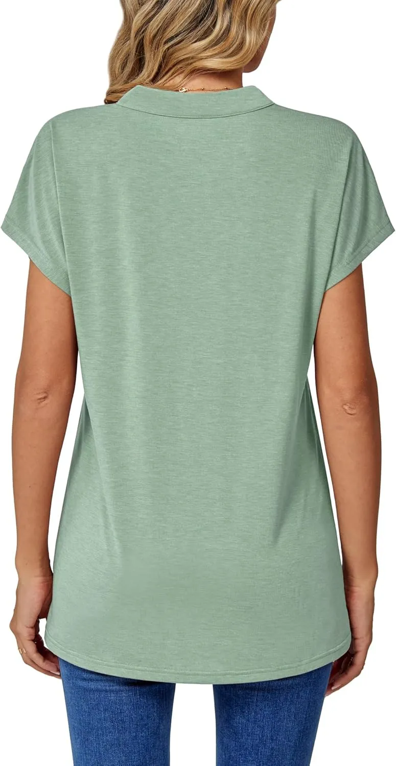DJT Womens Tops Short Sleeve Shirts Summer Tops Trendy V Neck Loose T-Shirts Dressy Casual Work Blouses