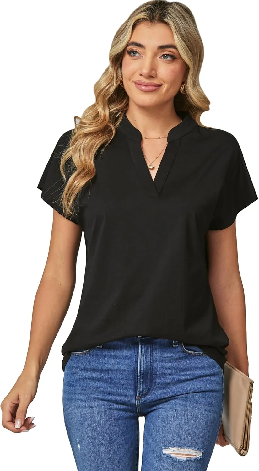 DJT Womens Tops Short Sleeve Shirts Summer Tops Trendy V Neck Loose T-Shirts Dressy Casual Work Blouses