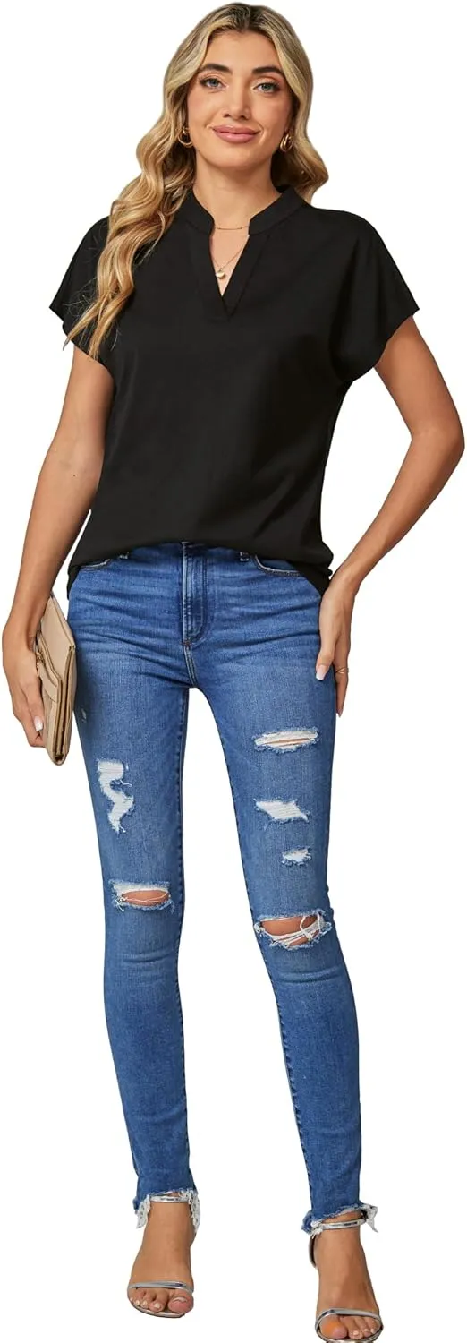 DJT Womens Tops Short Sleeve Shirts Summer Tops Trendy V Neck Loose T-Shirts Dressy Casual Work Blouses