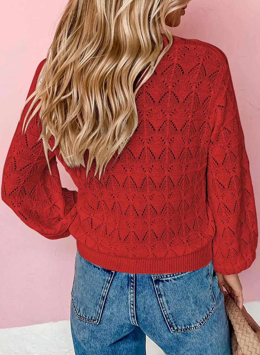 Dokotoo Cropped Cardigan Sweaters for Women Long Sleeve Crochet Knit Shrug Open Front V-Neck Button up Tops