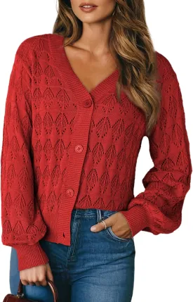 Dokotoo Cropped Cardigan Sweaters for Women Long Sleeve Crochet Knit Shrug Open Front V-Neck Button up Tops