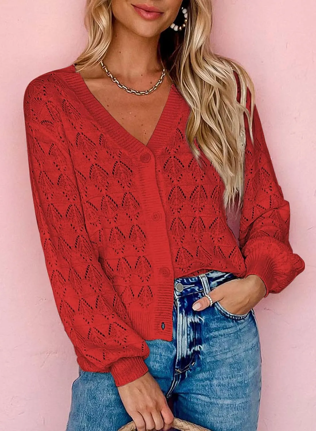 Dokotoo Cropped Cardigan Sweaters for Women Long Sleeve Crochet Knit Shrug Open Front V-Neck Button up Tops