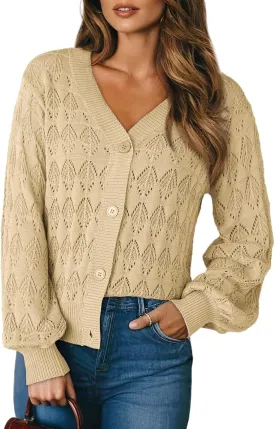 Dokotoo Cropped Cardigan Sweaters for Women Long Sleeve Crochet Knit Shrug Open Front V-Neck Button up Tops