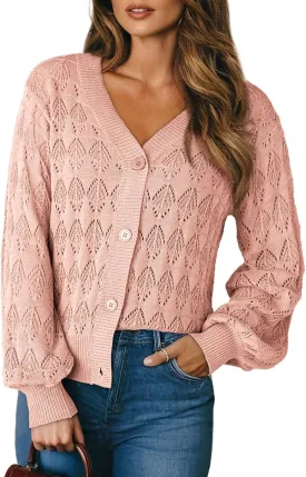 Dokotoo Cropped Cardigan Sweaters for Women Long Sleeve Crochet Knit Shrug Open Front V-Neck Button up Tops