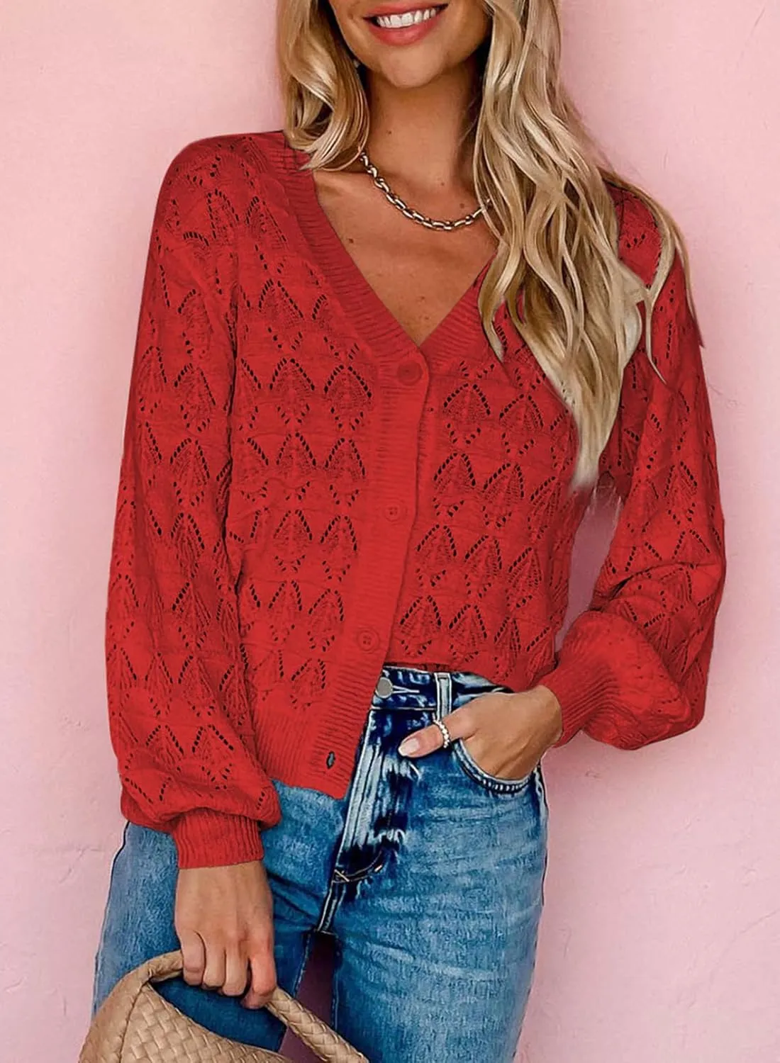 Dokotoo Cropped Cardigan Sweaters for Women Long Sleeve Crochet Knit Shrug Open Front V-Neck Button up Tops