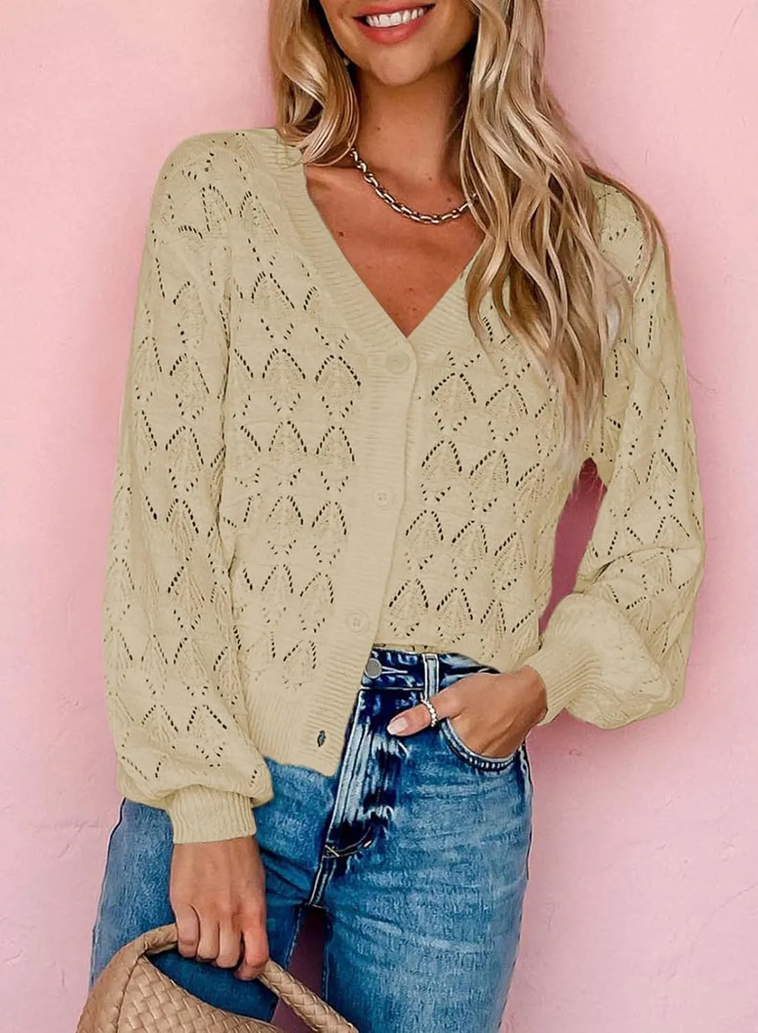 Dokotoo Cropped Cardigan Sweaters for Women Long Sleeve Crochet Knit Shrug Open Front V-Neck Button up Tops