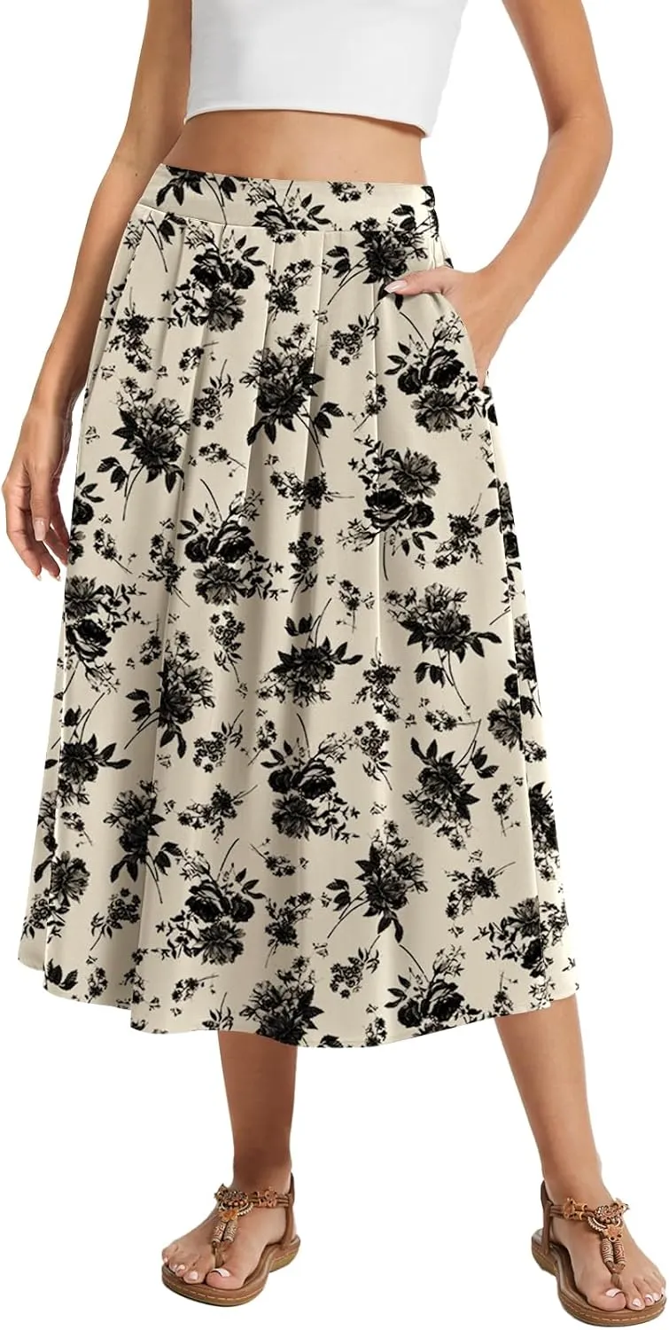 DouBCQ Midi Skirt for Women Summer Pleated A Line High Waisted Flared Skirts with Pockets