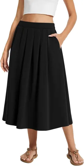 DouBCQ Midi Skirt for Women Summer Pleated A Line High Waisted Flared Skirts with Pockets