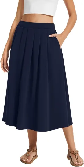 DouBCQ Midi Skirt for Women Summer Pleated A Line High Waisted Flared Skirts with Pockets