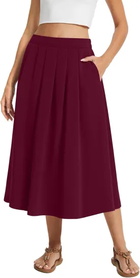 DouBCQ Midi Skirt for Women Summer Pleated A Line High Waisted Flared Skirts with Pockets