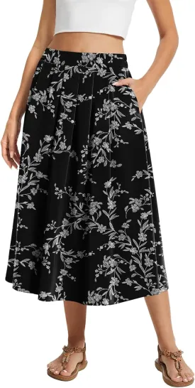DouBCQ Midi Skirt for Women Summer Pleated A Line High Waisted Flared Skirts with Pockets