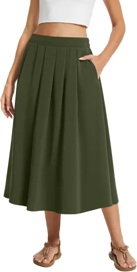 DouBCQ Midi Skirt for Women Summer Pleated A Line High Waisted Flared Skirts with Pockets