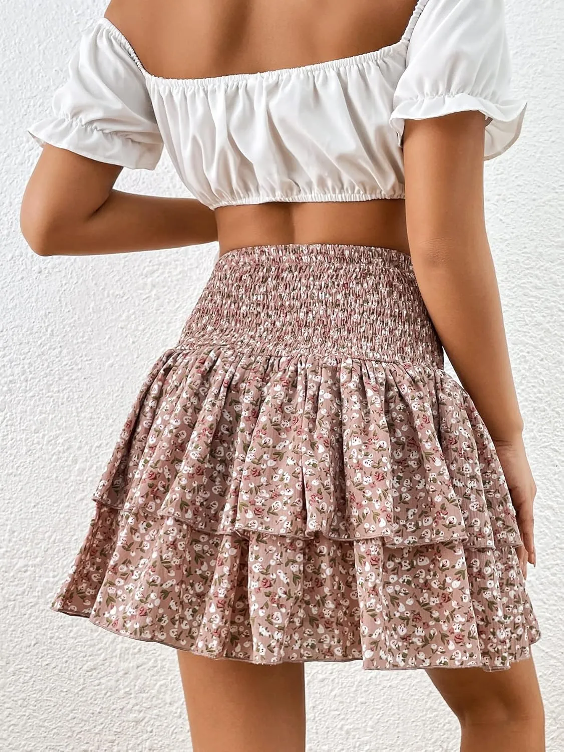 Floerns Women's Shirred High Waist Layered Ruffle Hem Flared Mini Skirts