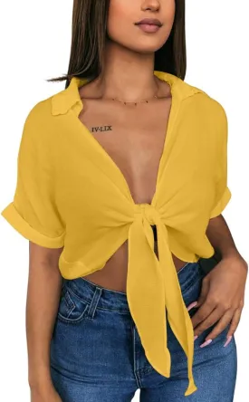 GOBLES Womens Summer Short Sleeve Shirts V Neck Tie Knot Batwing Blouses Tops