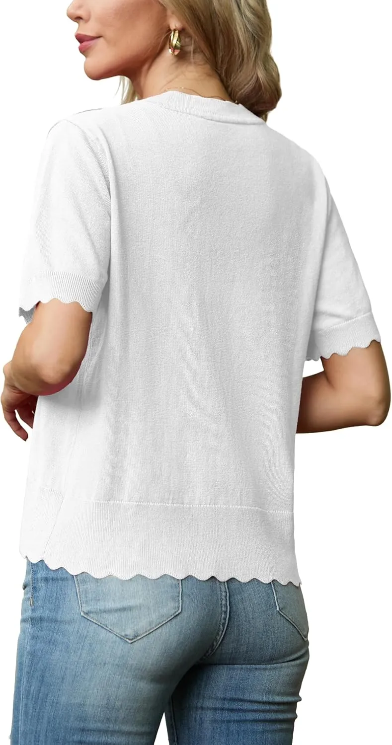 GRECERELLE Womens Summer Lightweight Short Sleeve Cropped Cardigan V-Neck Knit Sweater Shrug for Dressy