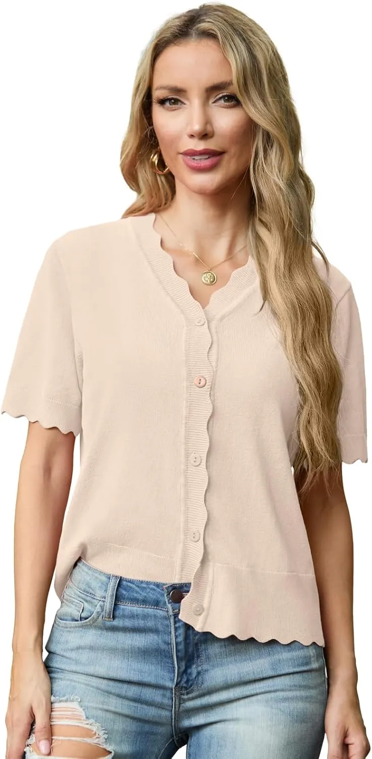 GRECERELLE Womens Summer Lightweight Short Sleeve Cropped Cardigan V-Neck Knit Sweater Shrug for Dressy