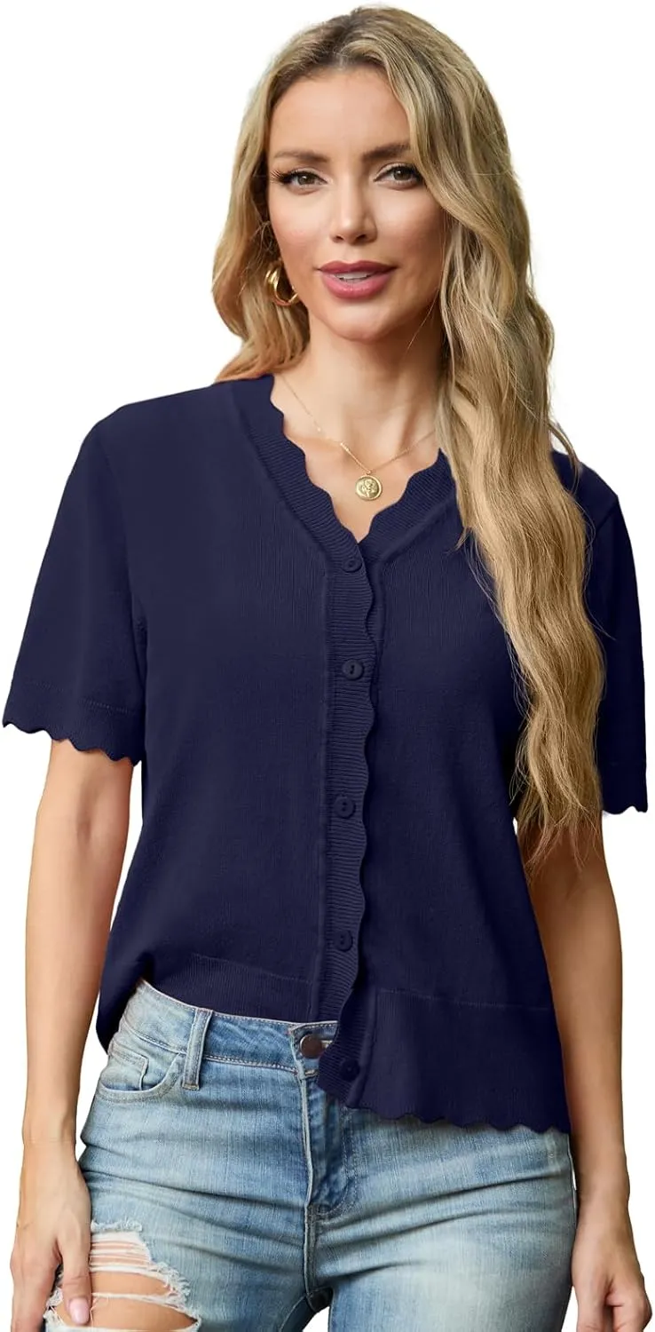 GRECERELLE Womens Summer Lightweight Short Sleeve Cropped Cardigan V-Neck Knit Sweater Shrug for Dressy