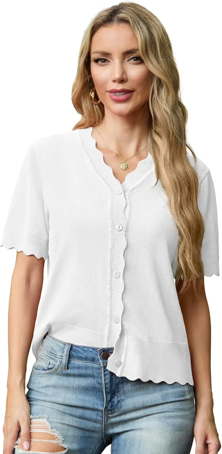 GRECERELLE Womens Summer Lightweight Short Sleeve Cropped Cardigan V-Neck Knit Sweater Shrug for Dressy