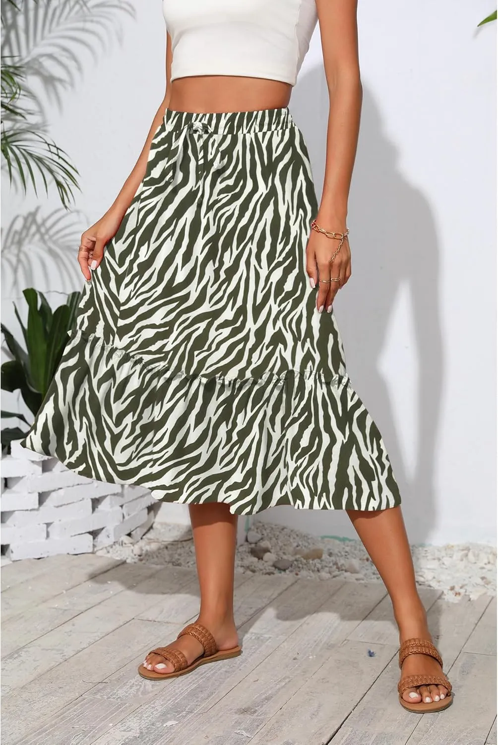 High Waist Tiered Skirts for Women Flowy Skirts for Women Below Knee with Pockets 2025 Fashion Trendy