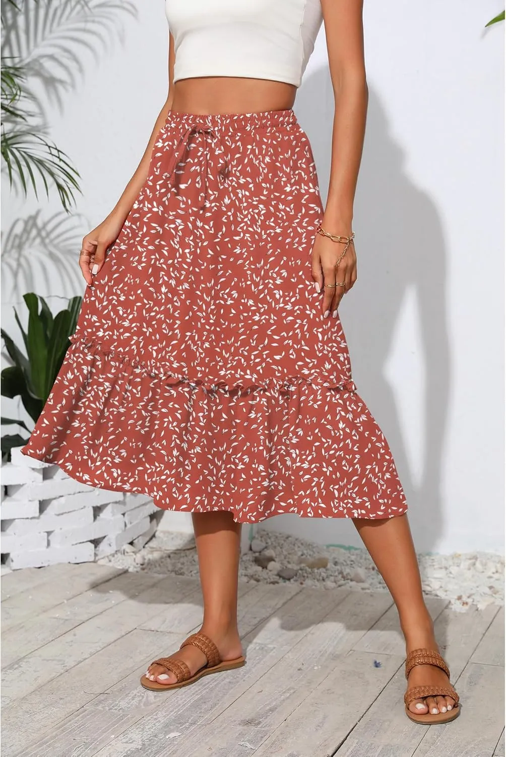 High Waist Tiered Skirts for Women Flowy Skirts for Women Below Knee with Pockets 2025 Fashion Trendy